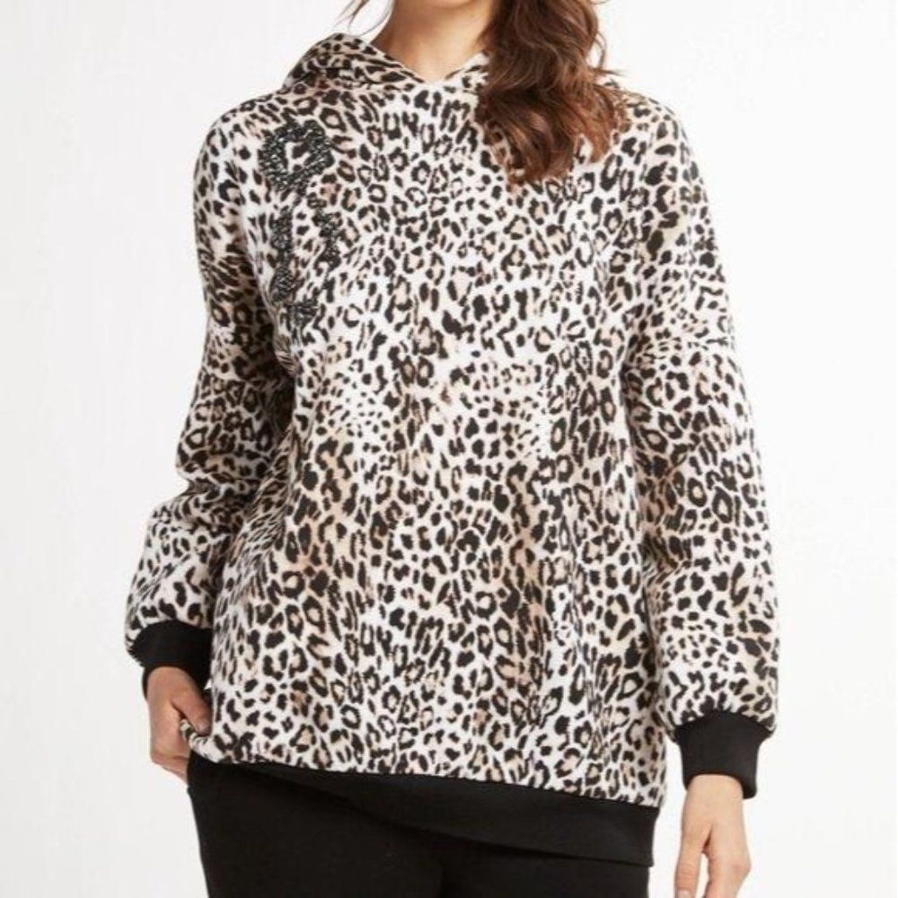 Elie Tahari Sylvia Knit Embellished Sweatshirt Hoodie Animal Leopard Small